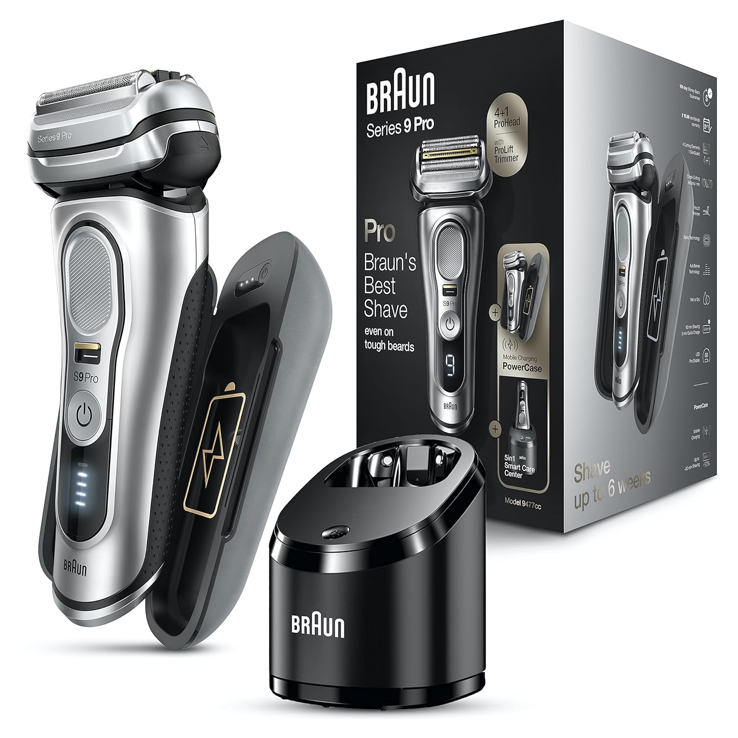 Braun Electric Razor for Men, Waterproof Foil Shaver, Series 9 Pro 9477cc, Wet & Dry Shave, with Portable Charging Case, ProLift Beard Trimmer, 5-in-1 Cleaning & Charging...